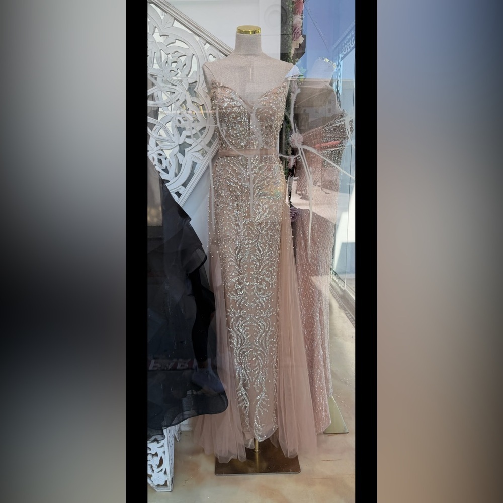 Strapless Glittering Champagne Evening Gown - Picture 3 of 11